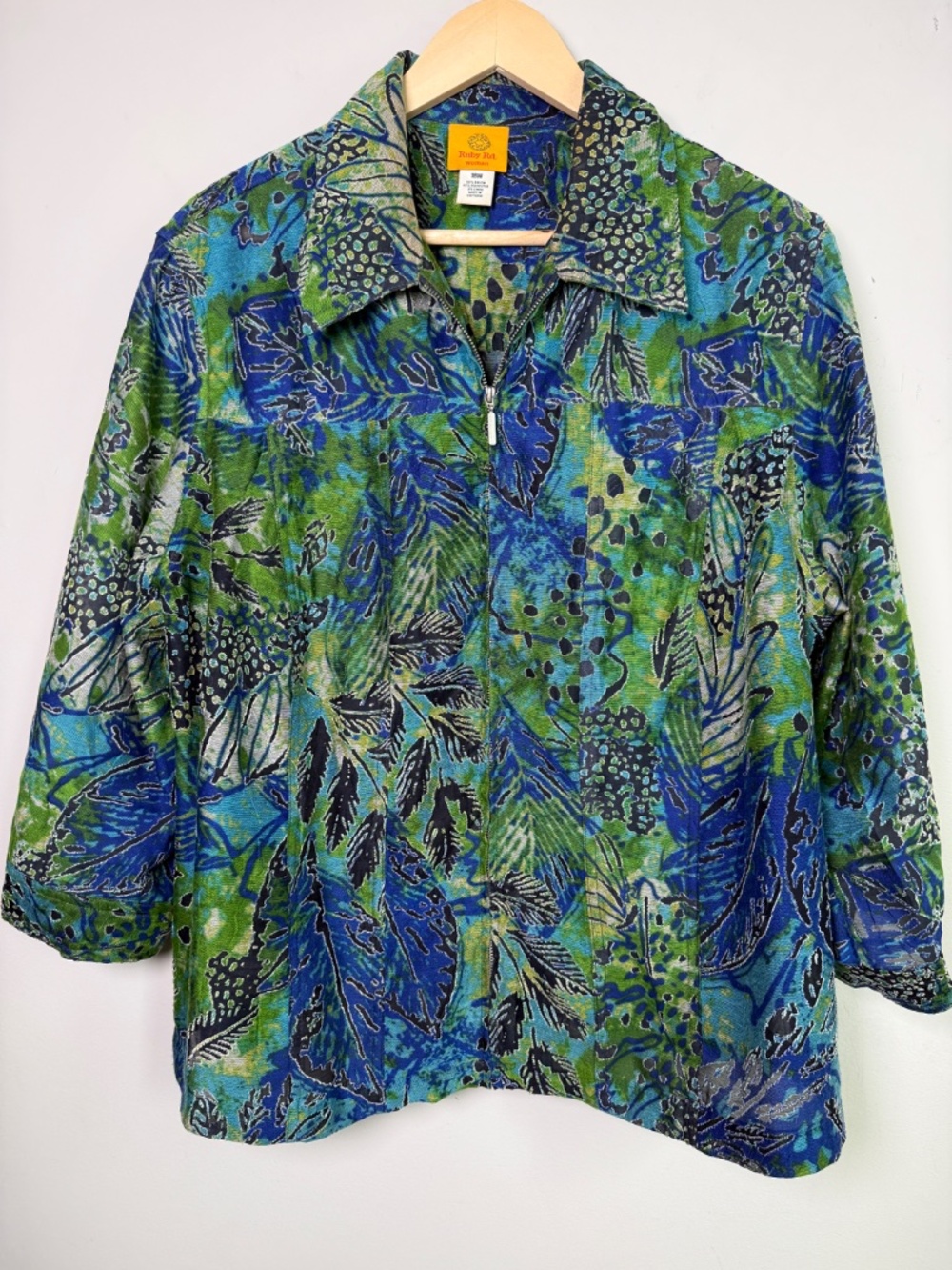 Ruby Rd. Woman Tropical Leaf Burnout Zip Jacket Blue Green Sz 18W